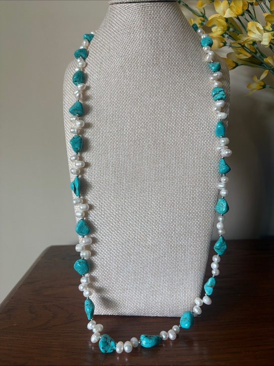 Jewelry - Genuine Freshwater Pearl, Faux Turquoise Necklace